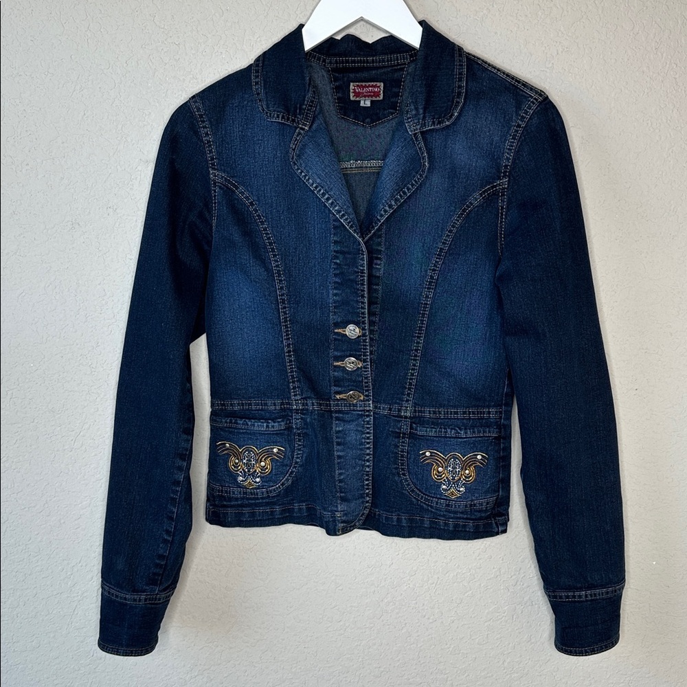 Vintage Valentino Blue Denim 3‎ Button Blazer Style Embroidered Jean Jacket L